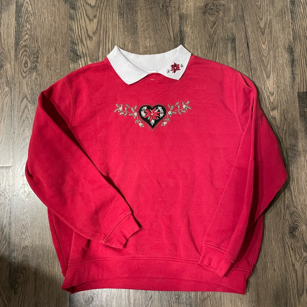 Vintage Winter Heart Collared Sweatshirt, Size Women’s Petite XL